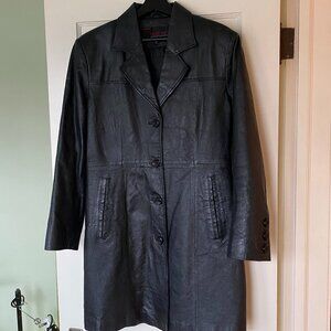 Vintage 90s Phase Two Black Leather Long Trench 100% Jacket‎ Size L